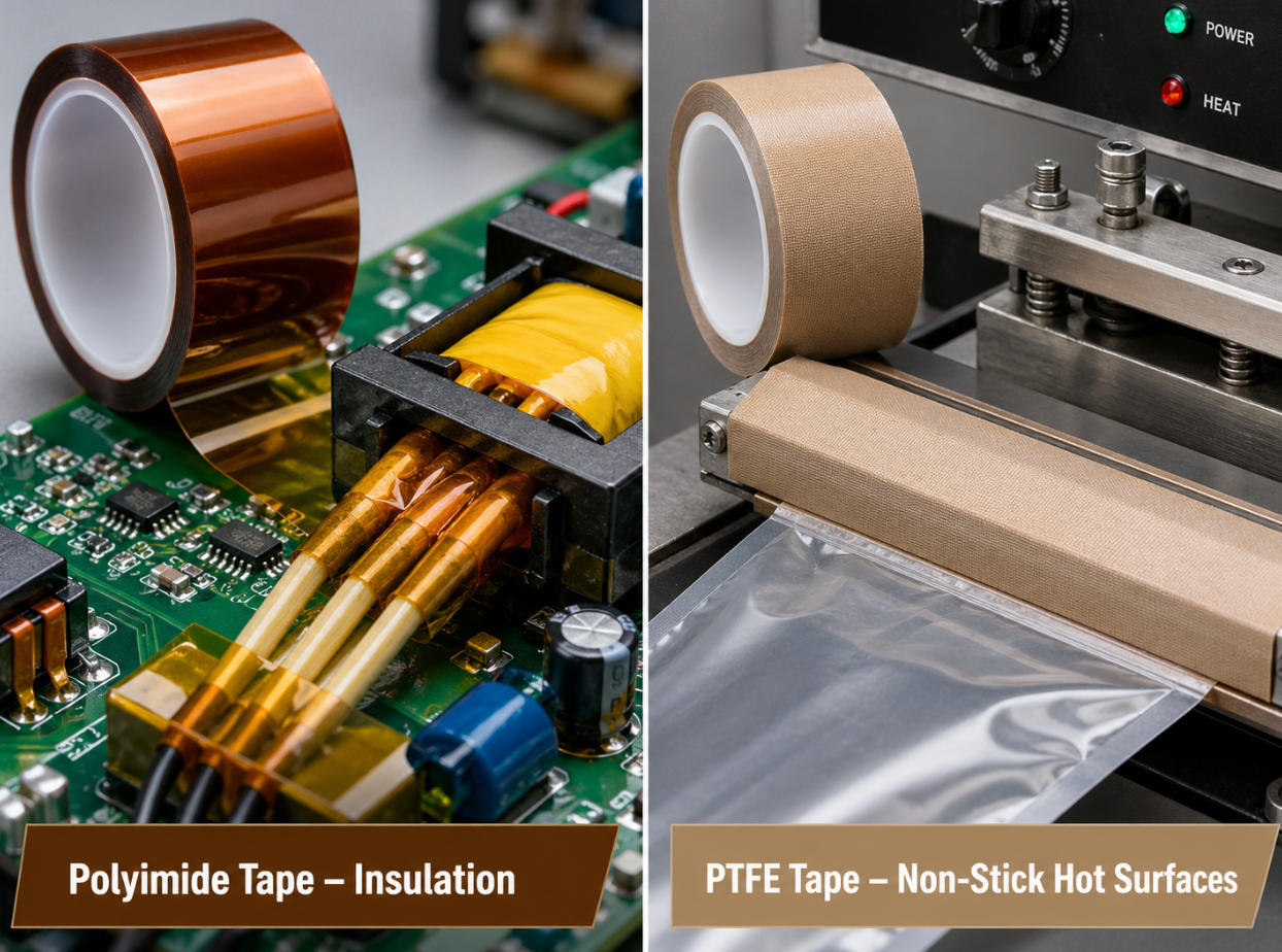 side-by-side comparison of polyimide tape for insulation and PTFE tape for non-stick hot surfaces.